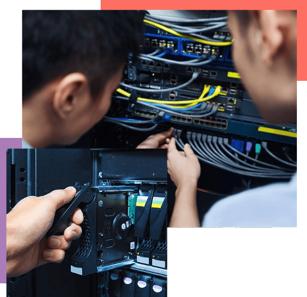 Two DC engineers swappinga drive and verifying cabling.